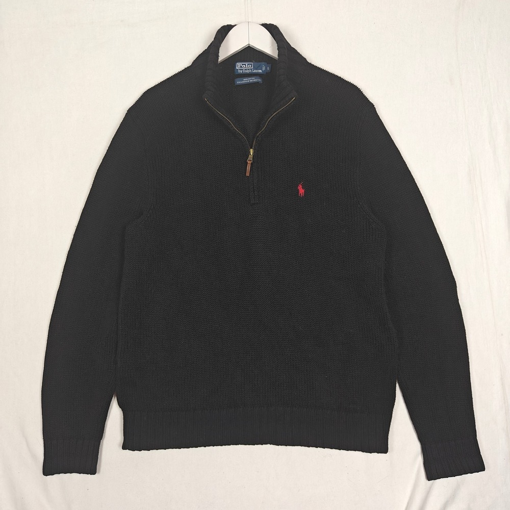 Polo Ralph Lauren Mens Large Black Cotton Quarter Zip Knit Sweater Red Pony Logo